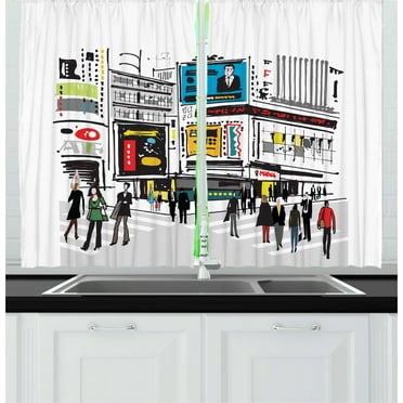 New York Curtains 2 Panels Set, Hand Drawn Interpretation of Pedestrians in Times Square with Busy City Cartoon, Window Drapes for Living Room Bedroom, 55"W X 39"L,Multicolor, by Ambesonne