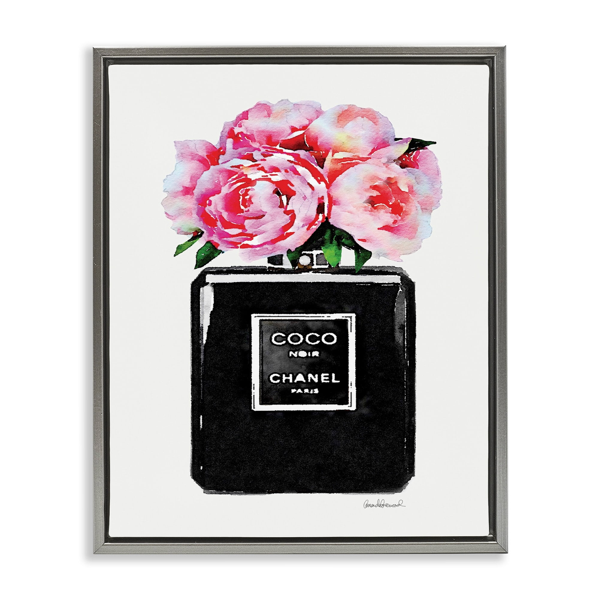 Stupell Industries Glam Perfume Bottle Flower Black Peony Pink Luster Gray Framed Floating Canvas Wall Art, 16x20, by Amanda Greenwood