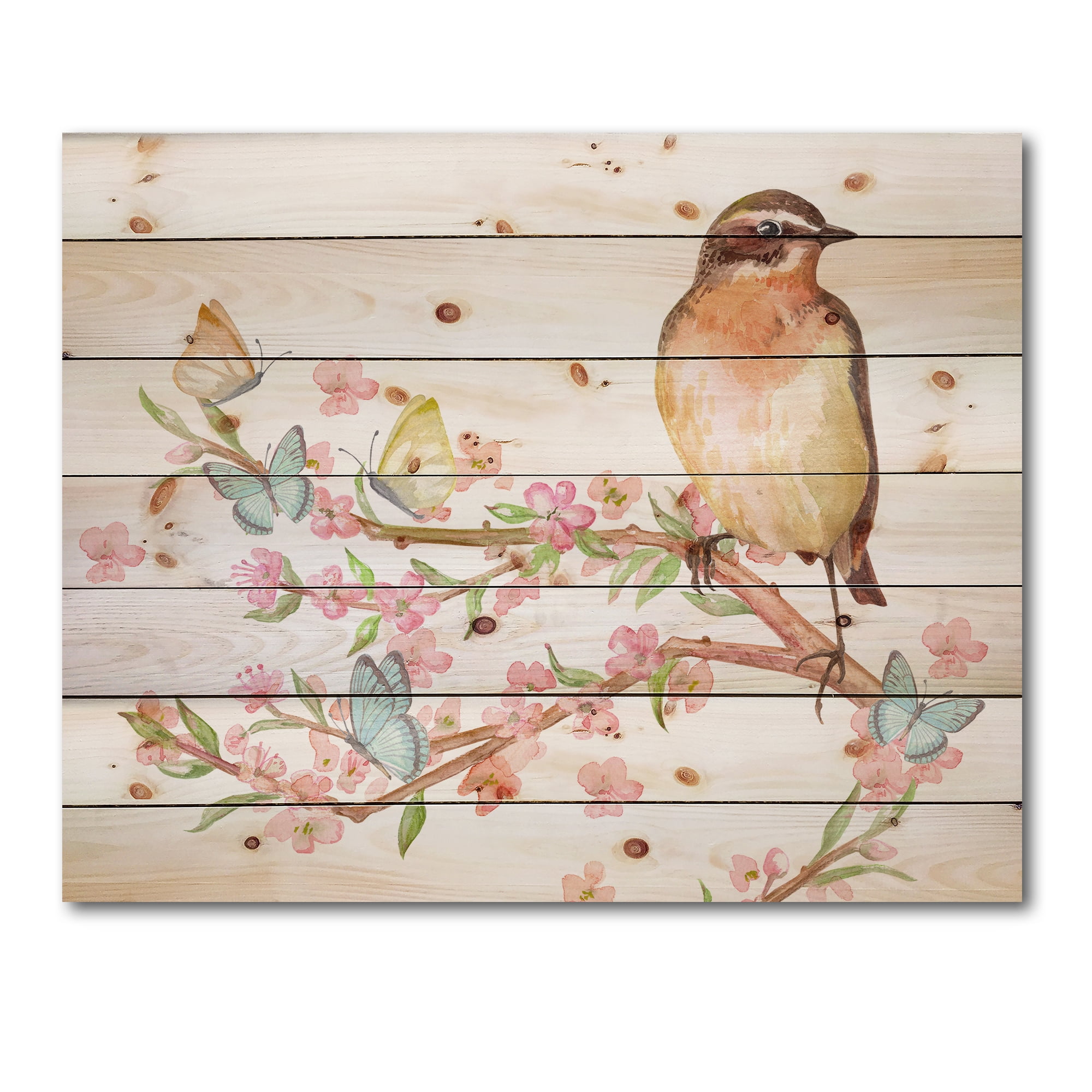 Designart 'Lovely Bird Sitting On Branch of Sakura With Butterflies' Traditional Print on Natural Pine Wood