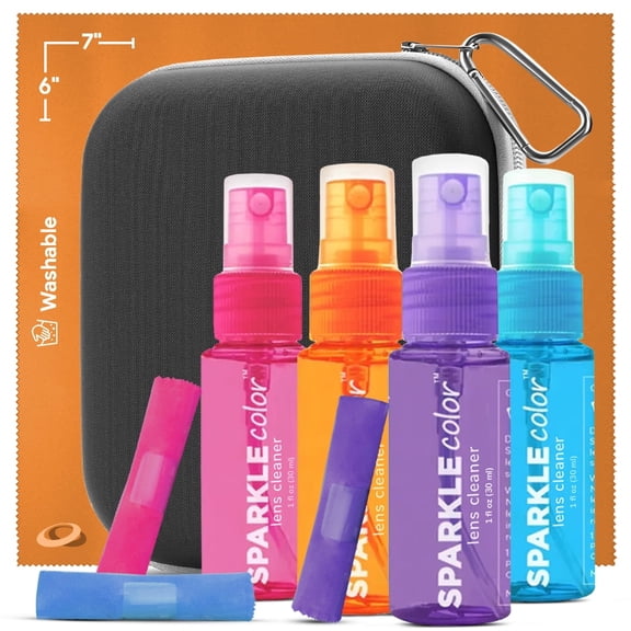 OPTIPAK Sparkle Anti-Reflective Safe Lens Cleaner Spray Kit - (4) 1oz Glasses Cleaner Spray, (4) Microfiber Cleaning Cloth & (1) Travel Pouch for Eyeglasses,Lenses & Camera Cleaning Kit - 9 Piece Set