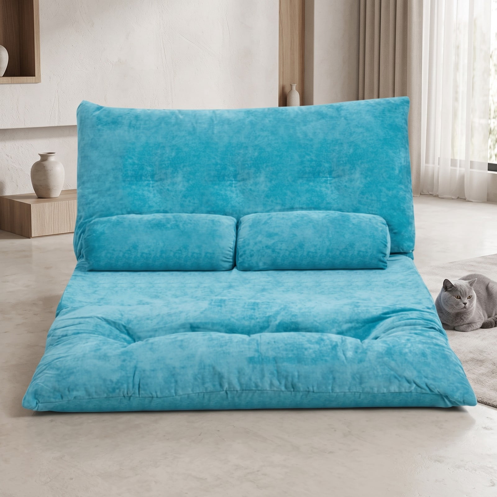 Furnibear 6-Position Adjustable Floor Sofa Bed, Foldable Sleeper Lounge Couch with 2 Pillows, Padded Corduroy Recliner Chair for Living Room Bedroom, 330 lbs, Blue