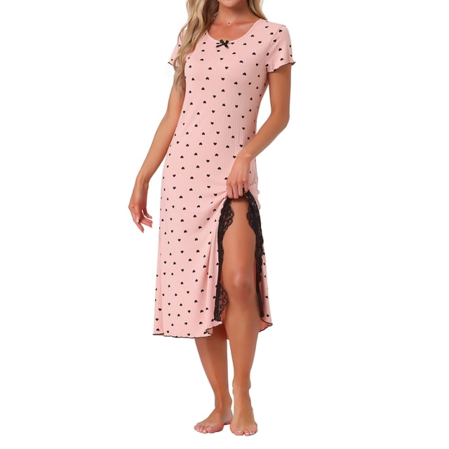 DIVA AUDACIOSA Camisón de Manga Corta para Mujeres con Estampado de Corazones y Detalles de Encaje, Camisón Lateral con Abertura, Vestidos de Noche de Punto Acanalado, Talla XS, Rosa