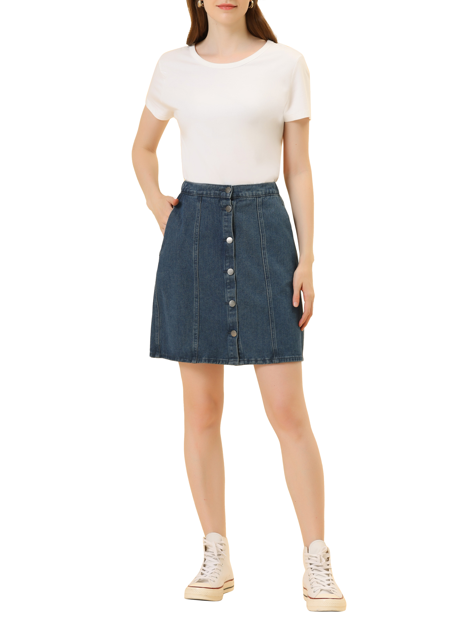 DARING DIVA Women's A-line Button Front Denim Short Skirt M Dark Blue