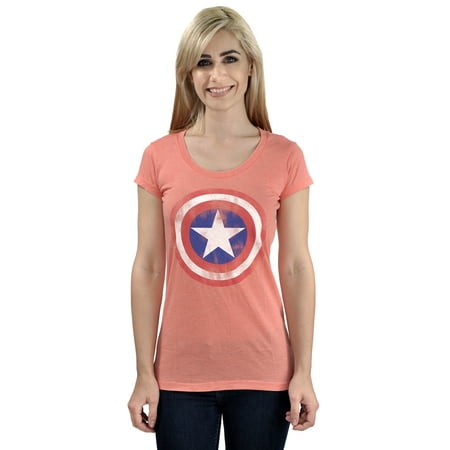 Disney Marvel Captain America Distressed Shield Heather Pink Juniors T ...