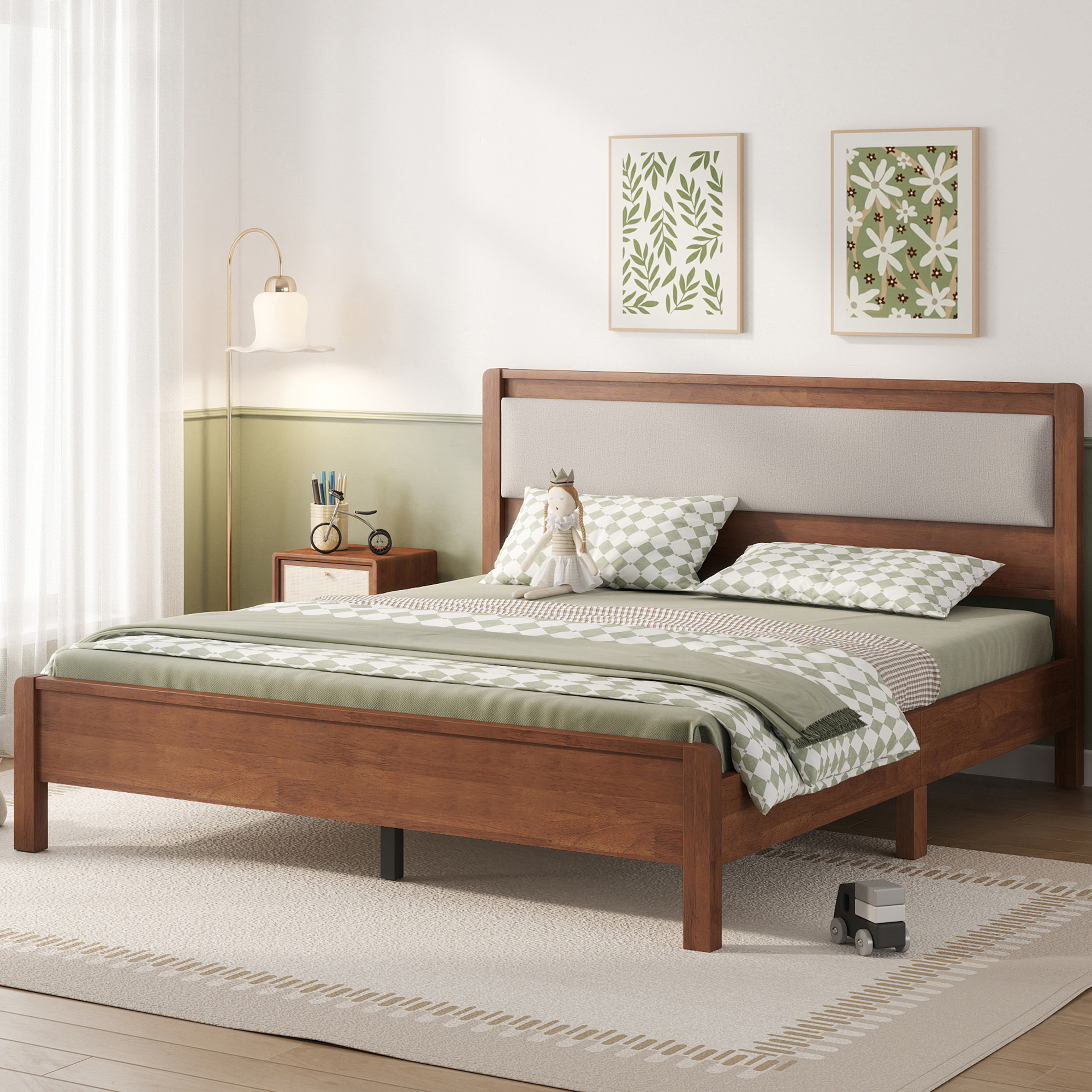 HOQBN Queen Solid Rubberwood Bed Frame with Upholstered Headboard, Reinforced Central Support Legs for Bedroom Brown