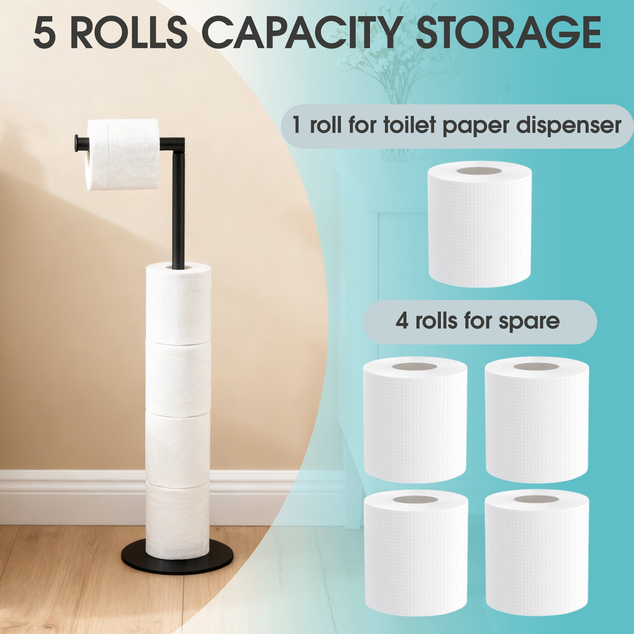 Toilet Paper Holder Stand, Free Standing Toilet Paper Roll Holder for 5 Spare Rolls, Modern Bathroom Toilet Paper Stand, Stainless Steel Paper Storage for Bathroom, Black