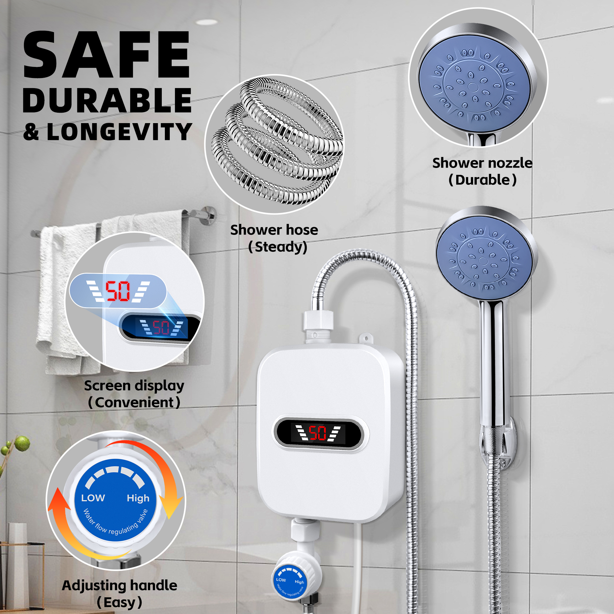 IHRAT Electric Tankless Water Heater with Shower Head Set, 3500W Instant Hot Water Heater with LCD Display for Home Bathroom - White