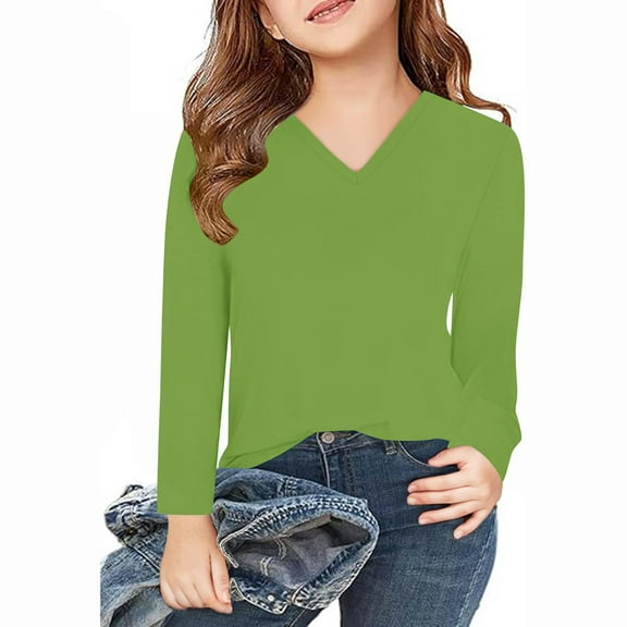 Spazoro Kids Girls Pullover Shirts Tee, Spring and Summer Solid Color Long Sleeve Round Neck Fashion Casual Tops for Child Girls Green Size 13 T