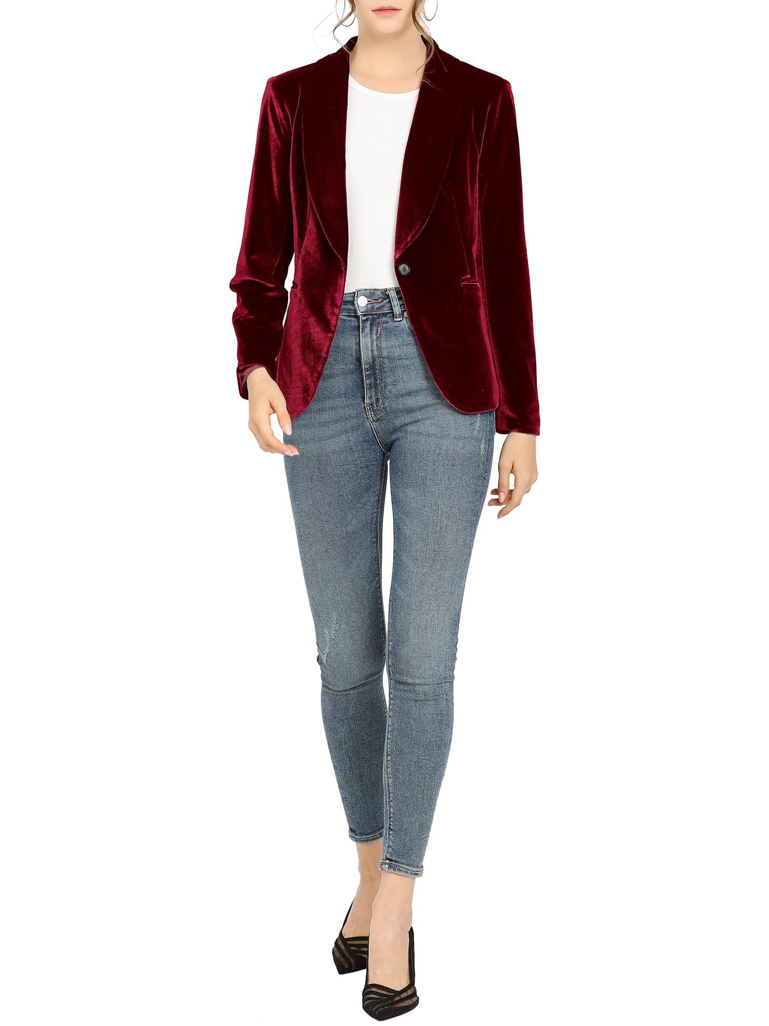 DARING DIVA Women's Velvet Office Coat Solid Shawl Collar Blazer L Wine Red