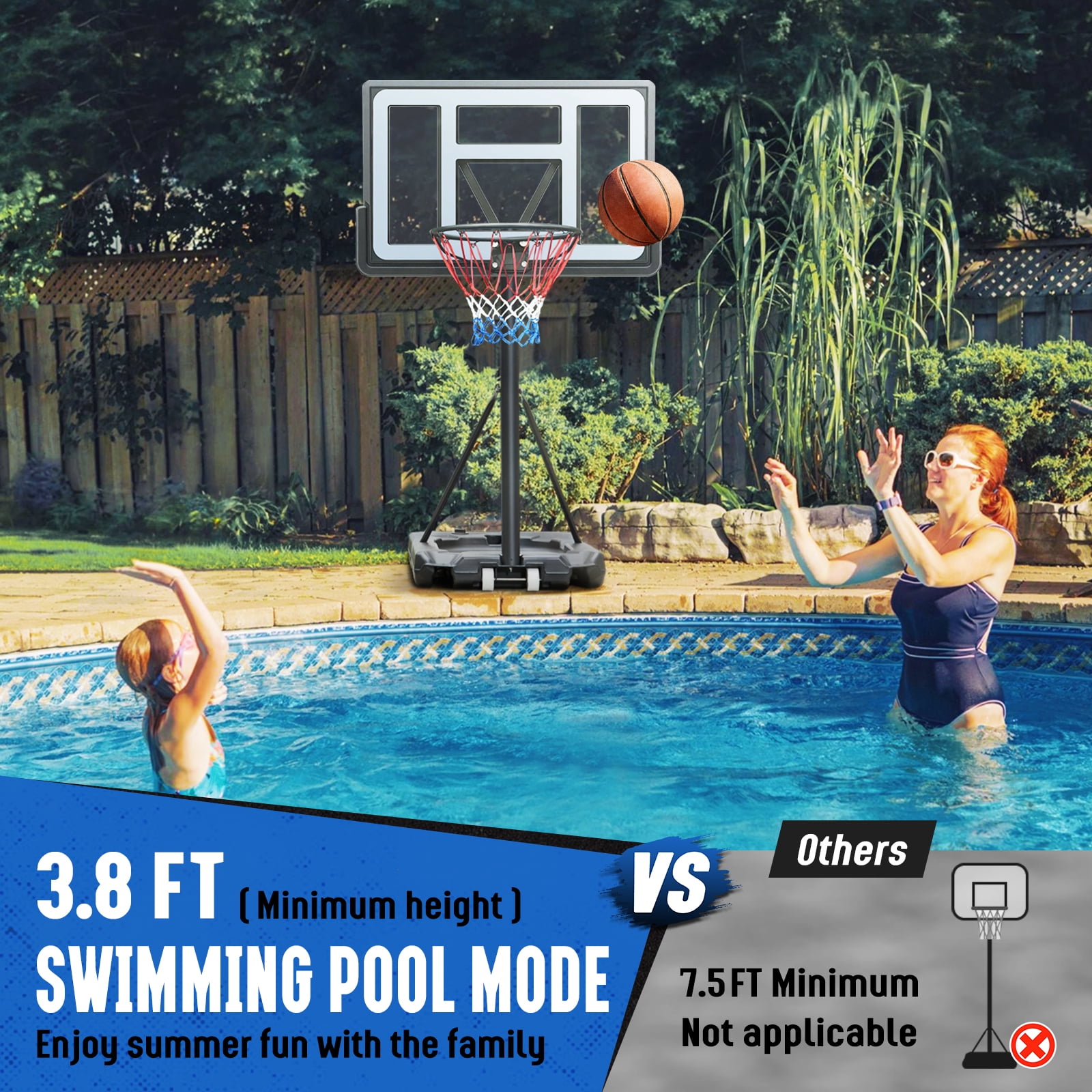 SERAY Basketball Hoop with 44 inch Backboard and 2 Wheels, Basketball Hoop Outdoor 3.8-10 feet Adjustable Height for Kids/Adults Outdoor/Indoor Sports