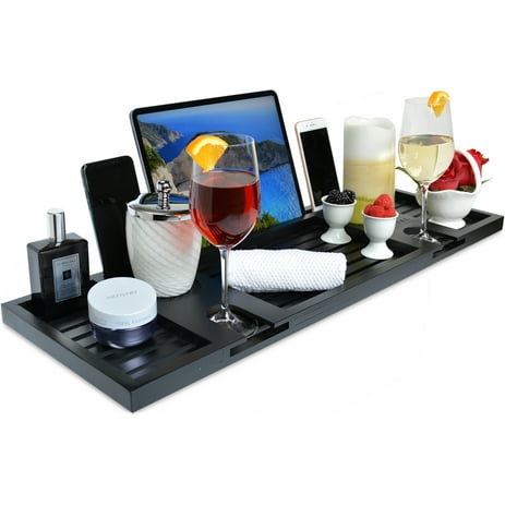 Royal Craft Wood Black Bamboo Bathtub Caddy/Bath Serving Tray for 2, Luxury Bathtub Accessories Set