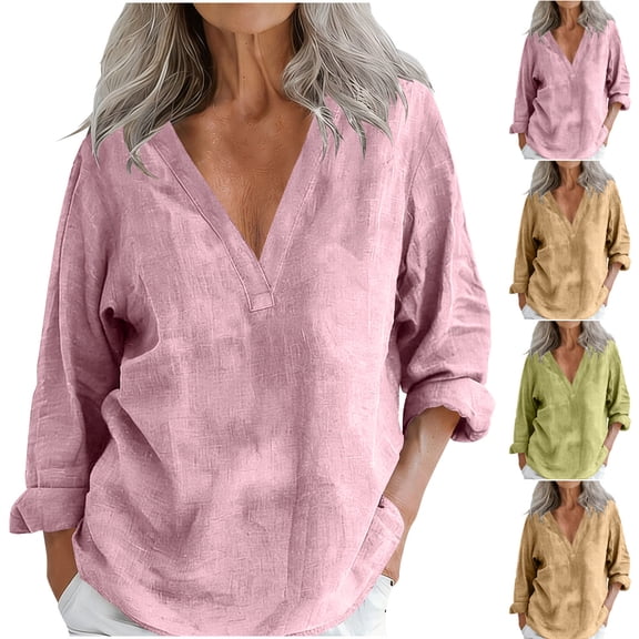 Women's Linen V Neck Long Sleeve Shirt Blouse Top, Loose Relaxed Fit Breathable Casual Summer Fashion | CSEONE,Khaki L