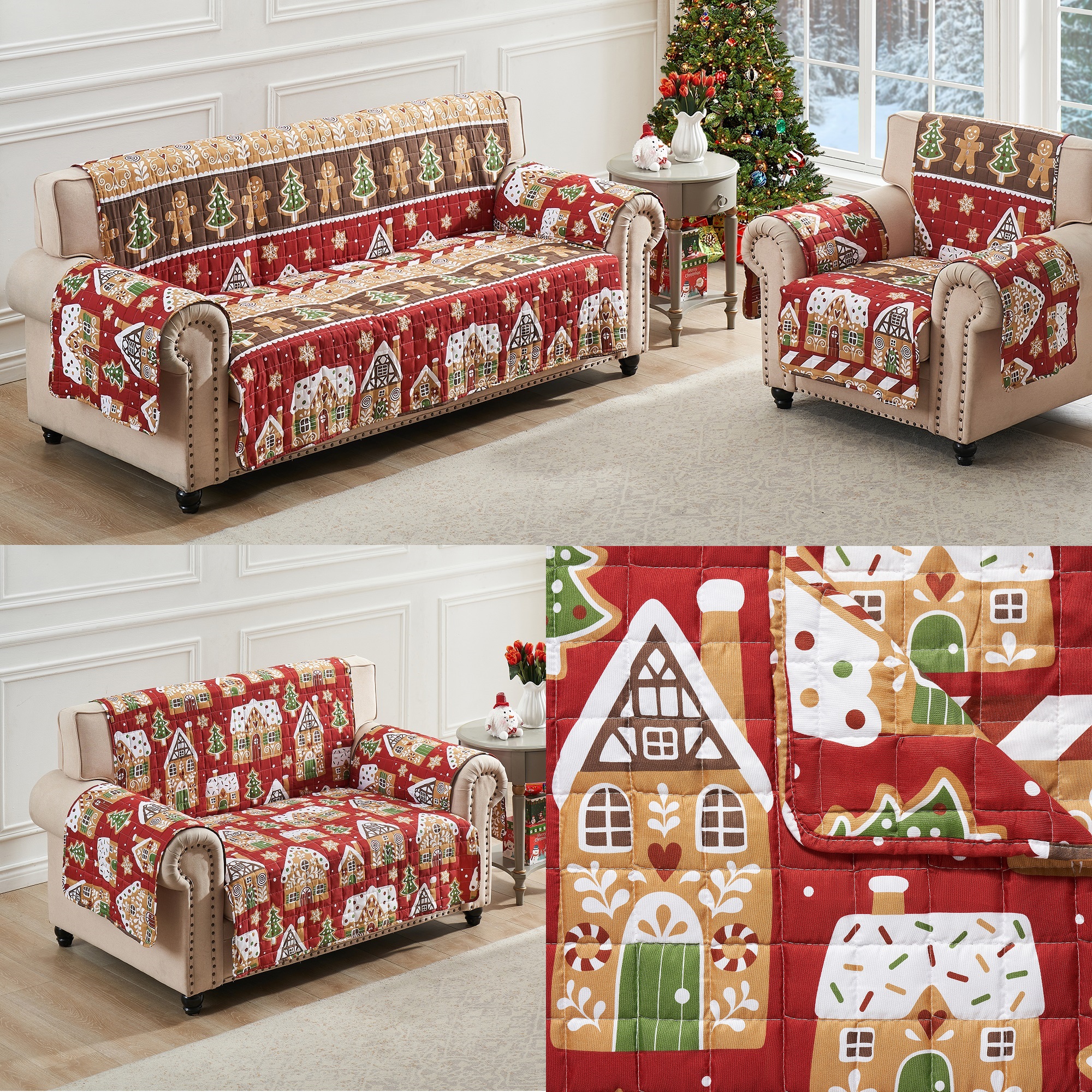 Greenland Home Fashions Gingerbread Lane Reversible Holiday Furniture Cover - Sofa Protector