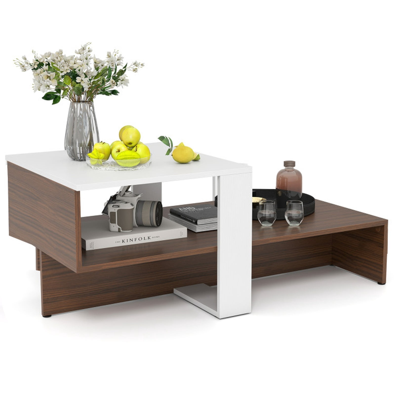 Furnibear 2 Tier Geometric Coffee Table with Storage Shelves a Compact Living Room Center Table for Small Spaces for Home and Living Space, White