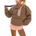 thumbnail image 3 of Veste Matelassée à Col Rond pour Femmes, Manches Longues, Coupe Ample, Demi-Glissière, à Capuche, avec Cordon de Serrage, Kaki, G, 3 of 7