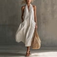 thumbnail image 4 of Miluxas Womens Halter Backless Maxi Dress Summer Sleeveless V Neck A Line Long Dresses with Pockets Y2k Going Out Dress Beach Vacation Outfits Beige, 4 of 7