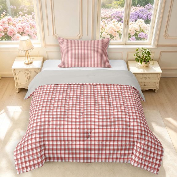 Manfei Vintage Grid Twin Comforter Sets,Modern Check Bedding Set,Red Brown,Light Gray Reversible,2 Pieces,1 Comforter and 1 Pillowcase,2 Pieces,1 Comforter and 1 Pillowcase