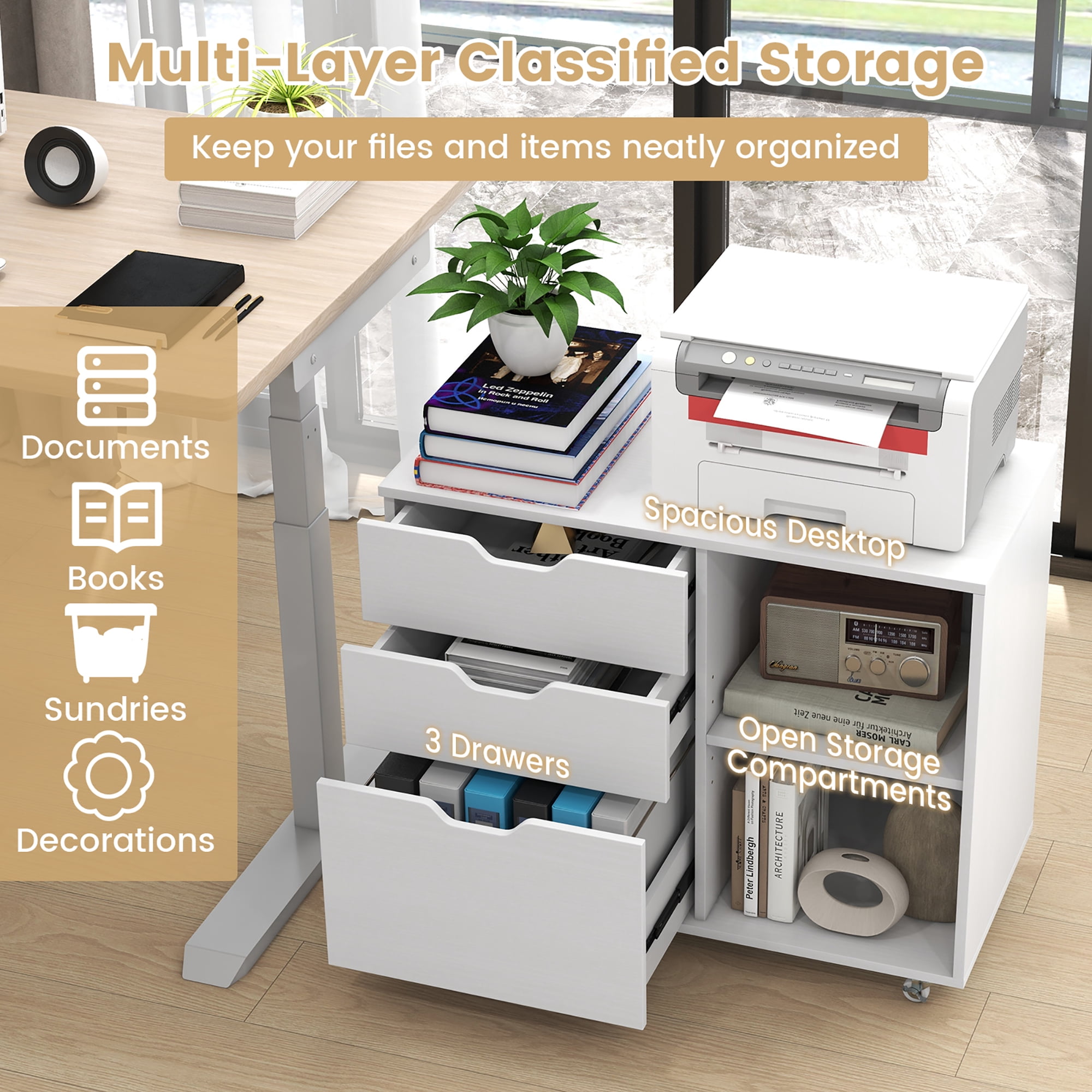 Gymax 3-Drawer Mobile File Cabinet w/ Open Adjustable Storage Shelf for Home Office White