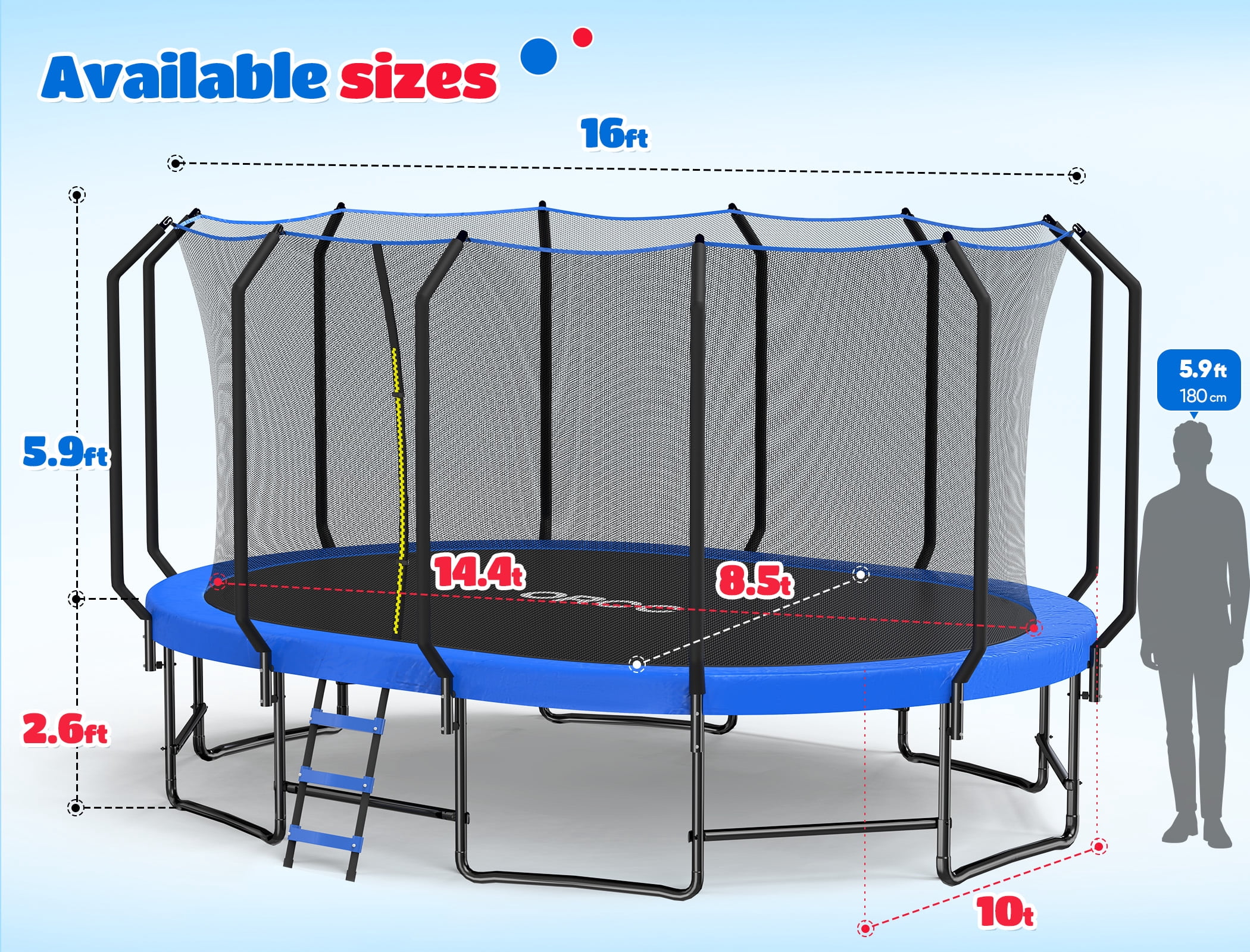 ORCC 1200LBS Capacity Oval 10X16FT Heavy-Duty Yard Trampoline for Kids & Adults with Safety Enclosure, 1.6mm Thickened Steel Frame & Reinforced Legs, Outdoor Gymnastics Trampoline