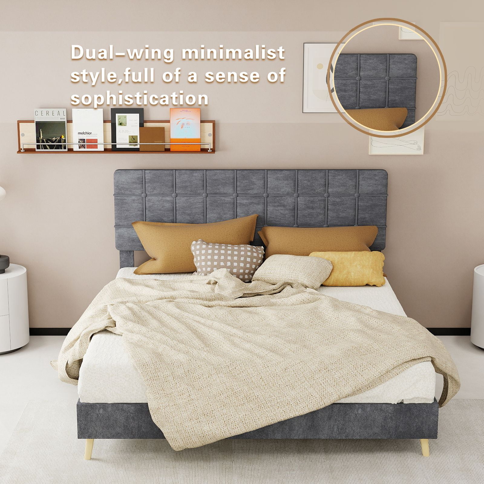 Alvantor Queen Size Upholstered Bed Frame with Padded Headboard Gray