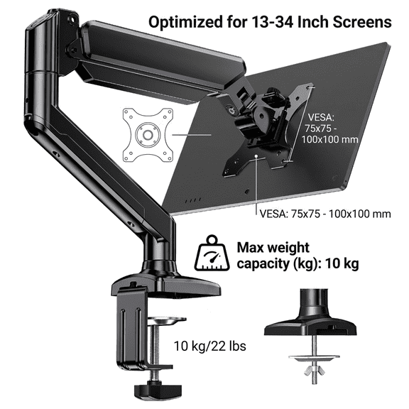 Single Monitor Arm 13-34 Inch, Adjustable Gas Spring Arm, Monitor Desk Mount for 4.4-22lbs, VESA 75/100mm with C-Clamp/Grommet Base