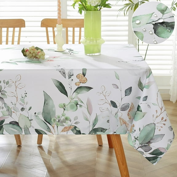 SASTYBALE Spring Summer Tablecloth Rectangle 52 x 70 Inch Eucalyptus Leaves Watercolor Floral Table Cloth, Wrinkle Free Washable Fabric Table Cover for Dining/Party/Indoor/Outdoor, Green