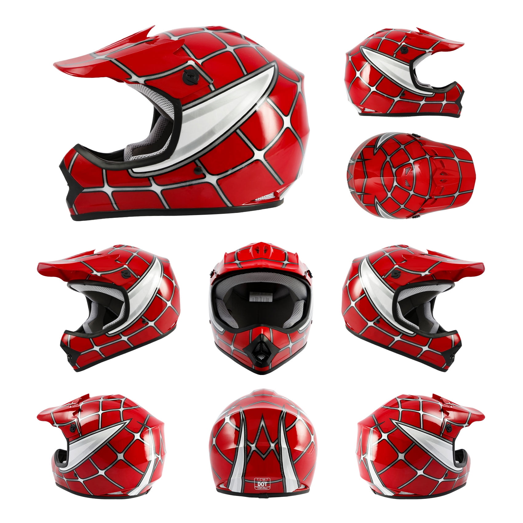 TCMT DOT Motorcycle Helmet for Kids Red Spider Net with Goggles & Gloves for Atv Mx Motocross Offroad Street Dirt Bike Youth L Size
