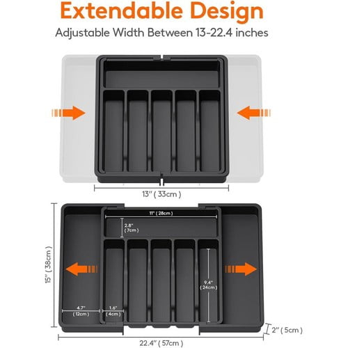 Colourtree Black Utensil Organizer for Kitchen Drawers, Expandable Cooking Utensil Tray, Adjustable Cutlery Silverware Flatware Holder, Plastic Kitchen Spatula Tools and Gadgets Storage Divider