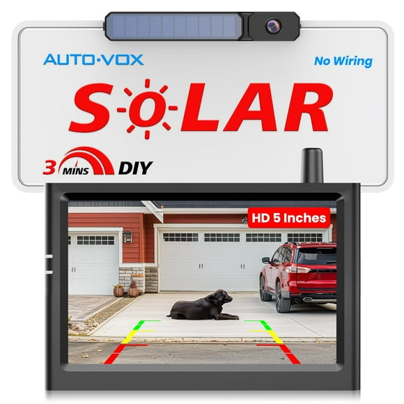 AUTO-VOX Solar Wireless Backup Camera with 5&quot; HD Monitor: 3 Mins DIY Installation &amp; Battery Powered Back Up Camera Systems, IP69K Waterproof Reverse Camera for Car, Van,