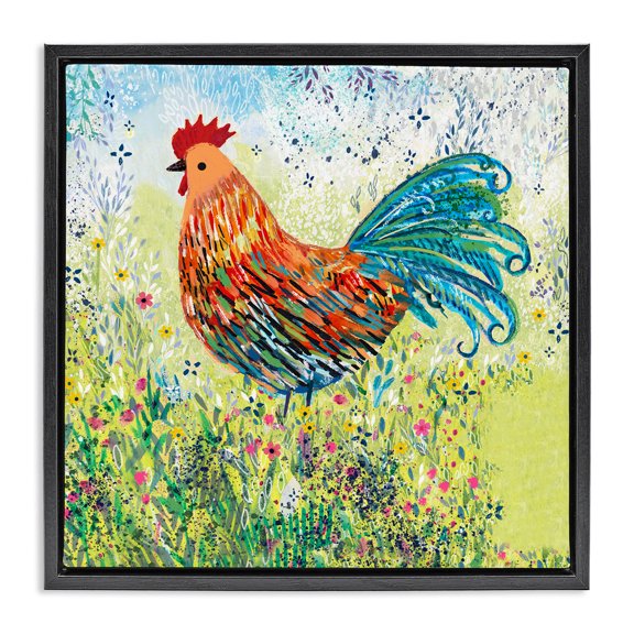 Stupell Industries Farmhouse Cockerel Rooster in Colorful Garden Black Floating Frame Canvas Art, 18 x 18, by Clare Tupper