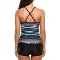 thumbnail image 2 of Ensemble de 2 Pcs Maillot de Bain Rétro pour Femme, Col en V, Imprimé à Rayures Colorées, Ensemble Bikini Rehausseur, Maillot de Bain, Tankini, Shorty, 2 of 2