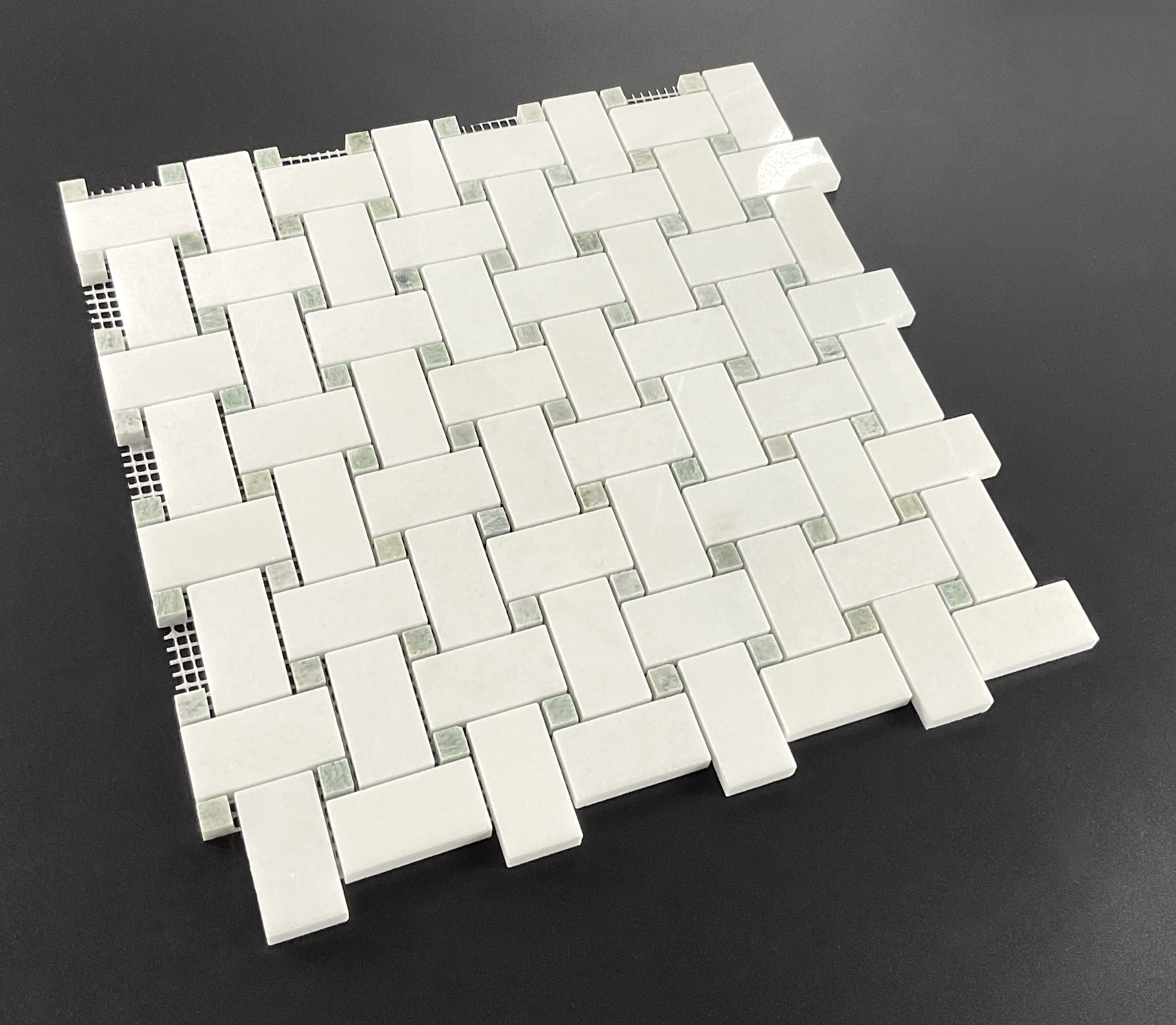 10-Pieces of 1" x 2" Thassos White and Ming Green Dot Marble Basketweave Mosaic Floor and Wall Tile