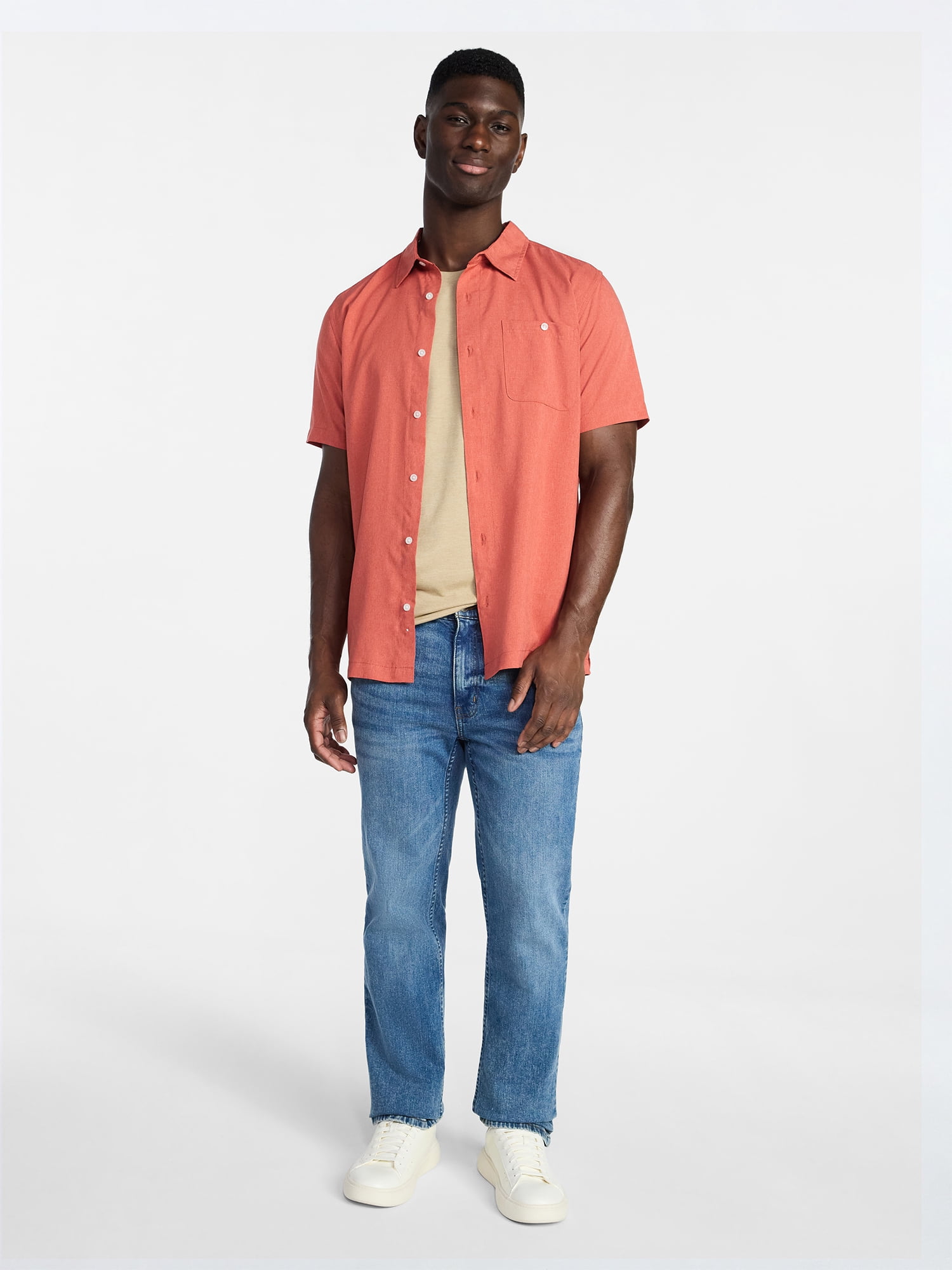 George Men's & Big Men's Regular Fit Microfiber Button-Up Shirt with Short Sleeves, Sizes XS-5XL