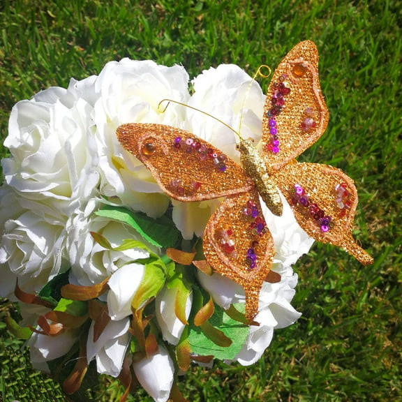 4" Handmade Artificial Decorative Butterfly With Clip Orange Gold(12 Pieces)
