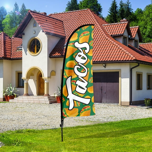 QSUM Tacos Themed Feather Flag, 7FT Mexican Food Advertising Swooper Flag, Vivid Color and Fade Proof Mexican Restaurant Business Signs