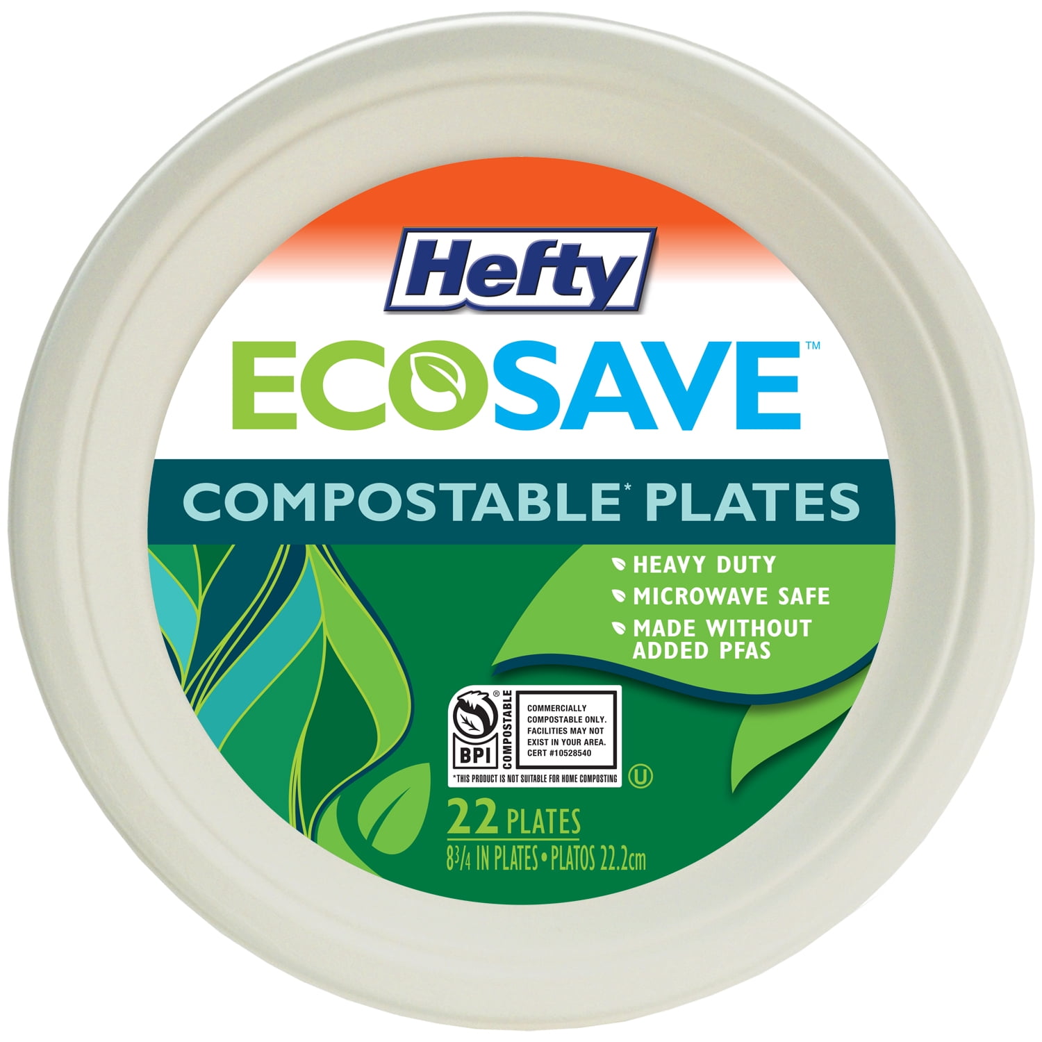 Hefty ECOSAVE Compostable Paper Plates, 8-3/4 Inch, 22 Count