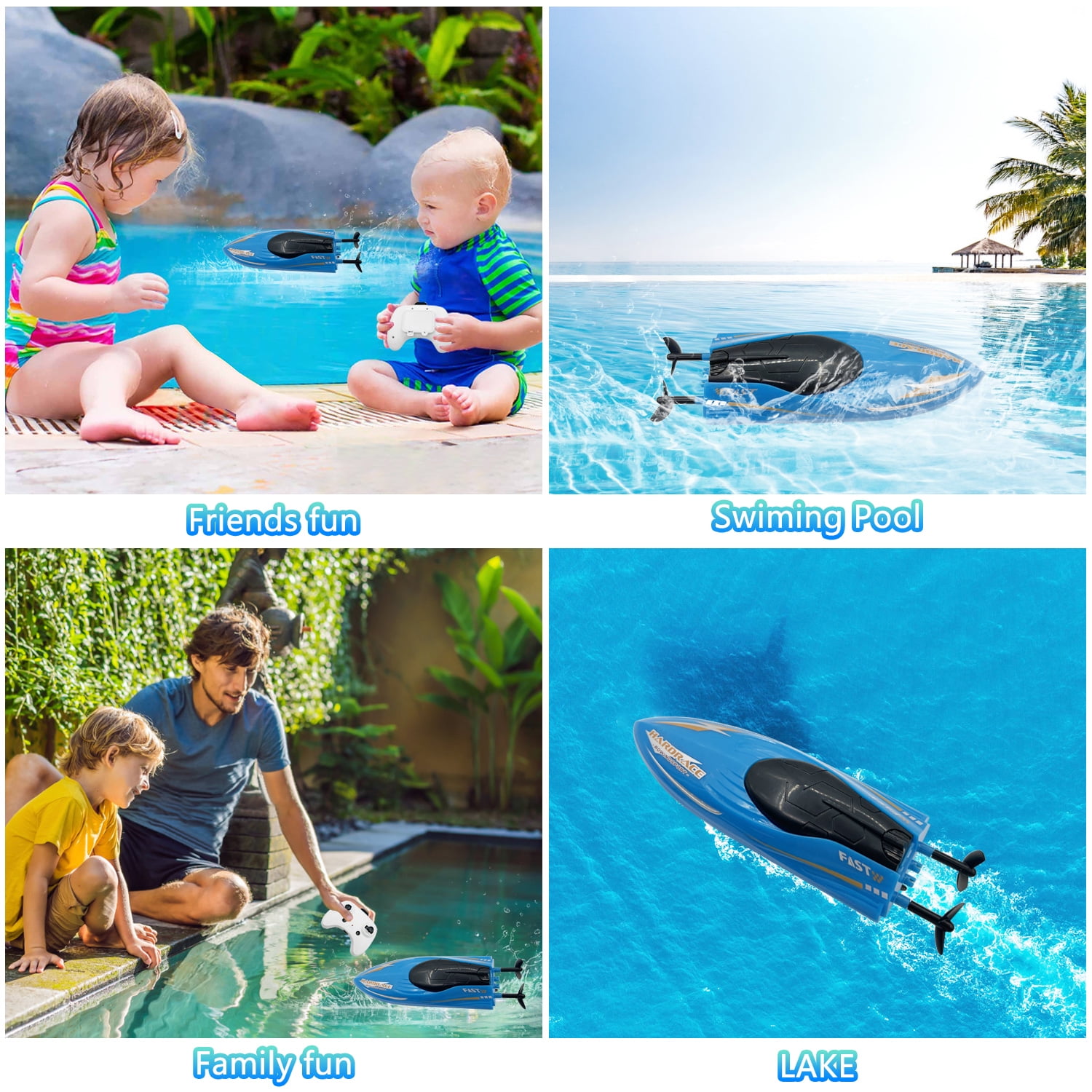 Syenll RC Boat with LED Light, Remote Control Boat for Pools, 3 Rechargeable Battery, Water Pool Toys for Boys Girls, Blue