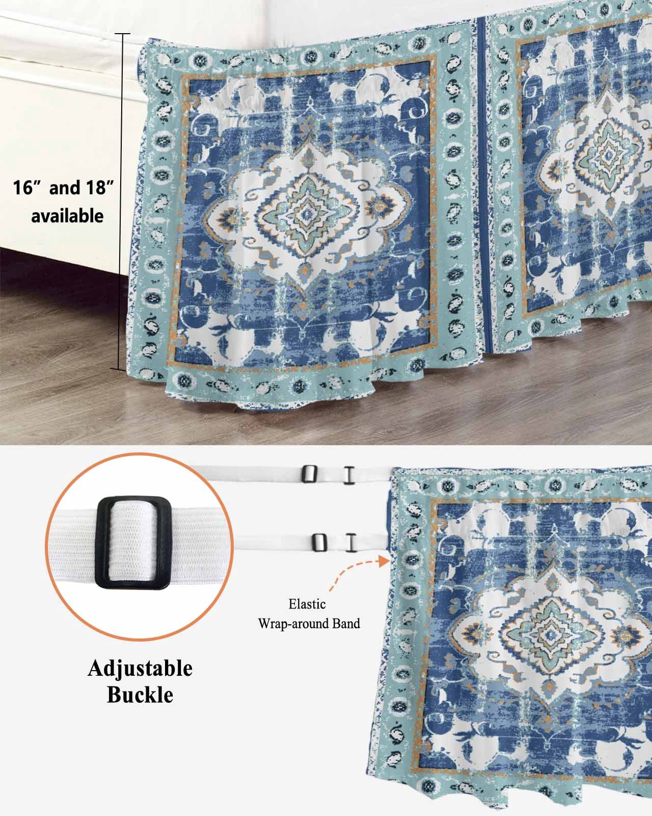 Blue Boho Wrap Around Bed Skirts for King Bed 18" Drop,Bed Skirt with Adjustable Elastic Belt Dust Ruffle Bed Valance for Bedroom Hotel Farmhouse Bohemian Medallion Oriental Flower Bed Frame Cover