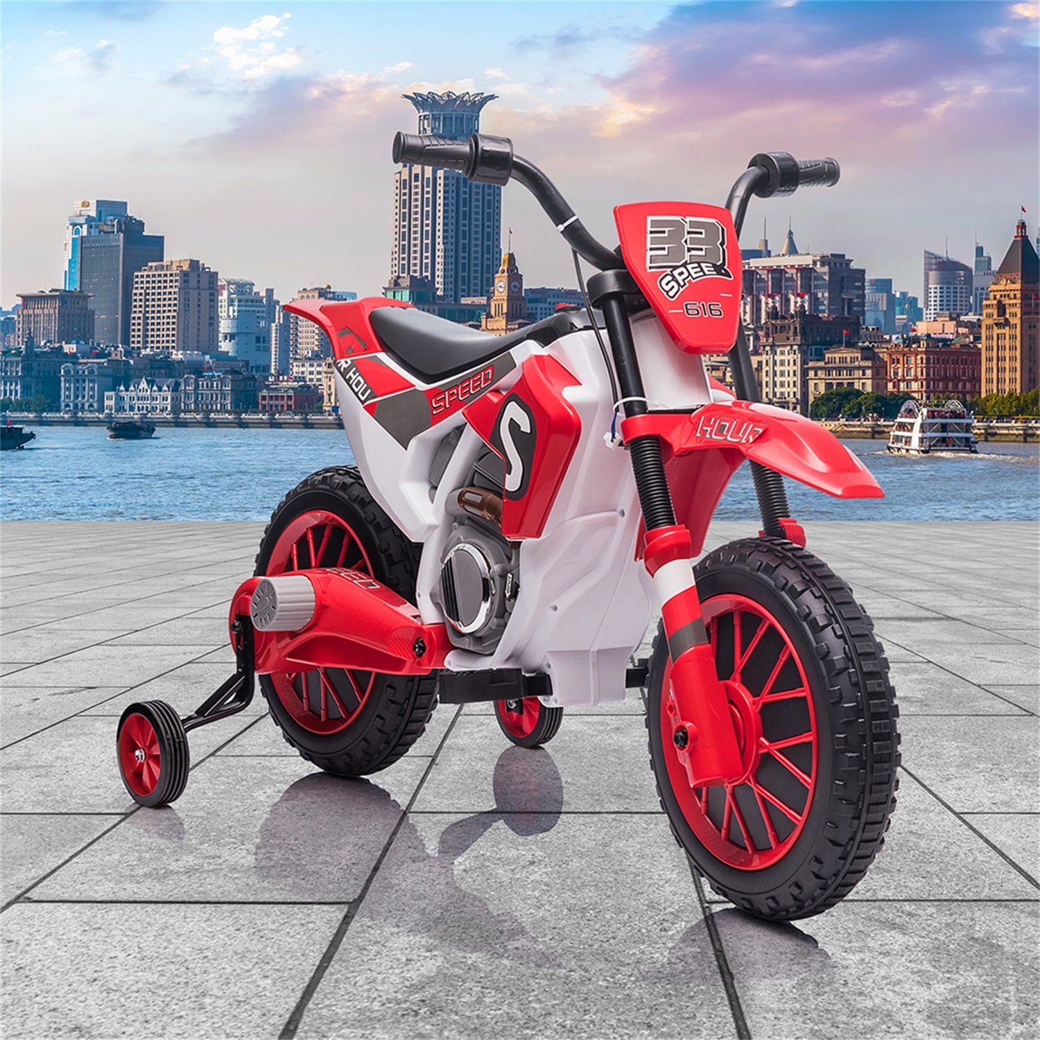 CIPACHO 12V Kids Motorcycle Dirt Bike Electric Battery-Powered Ride-On Car Toy Off-Road Street Bike with Charging Battery, Training Wheels, Red