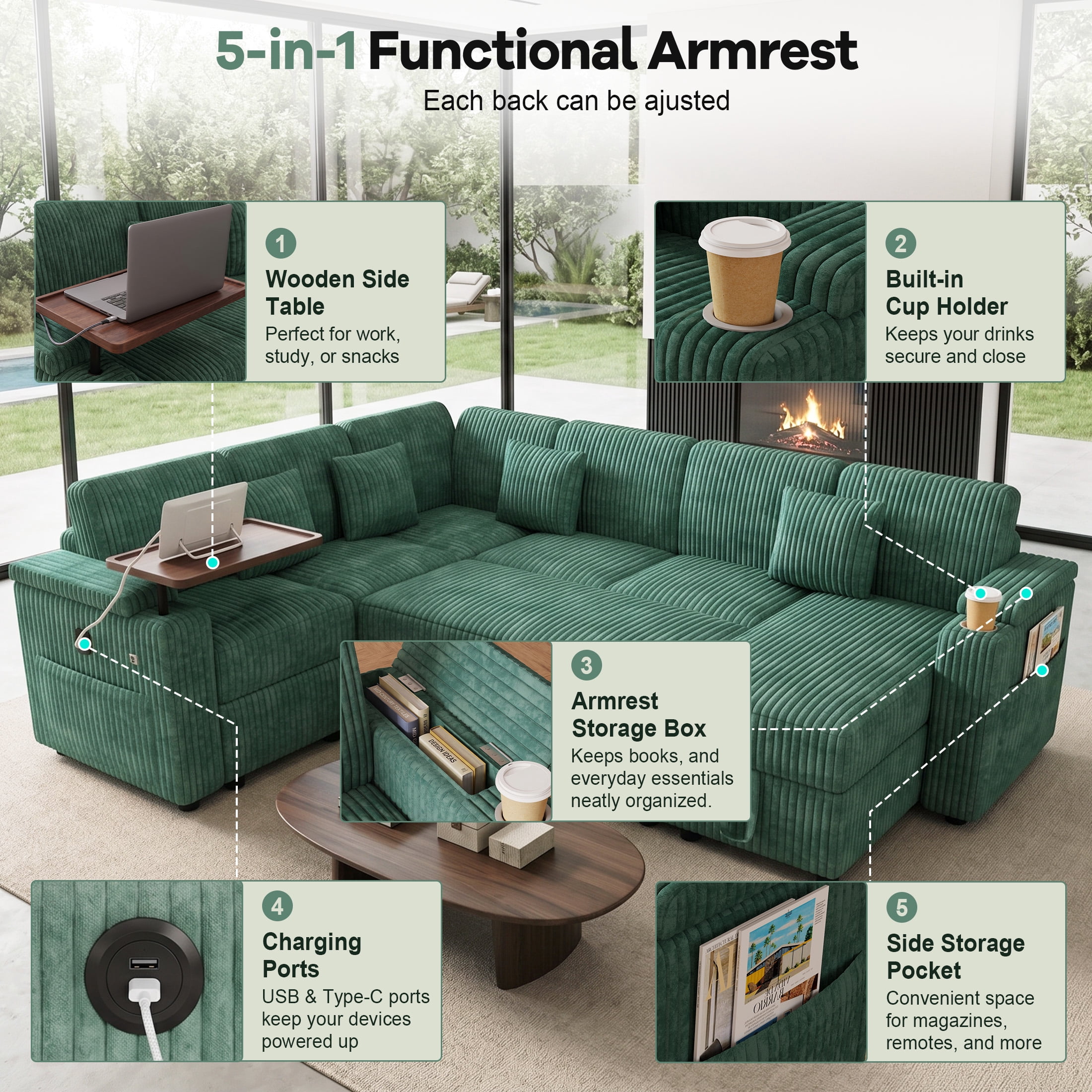 Aenkyo 7-Seat Corduroy U-Shaped Sectional Sleeper Sofa Bed with Storage Chaise and USB Charging, Green