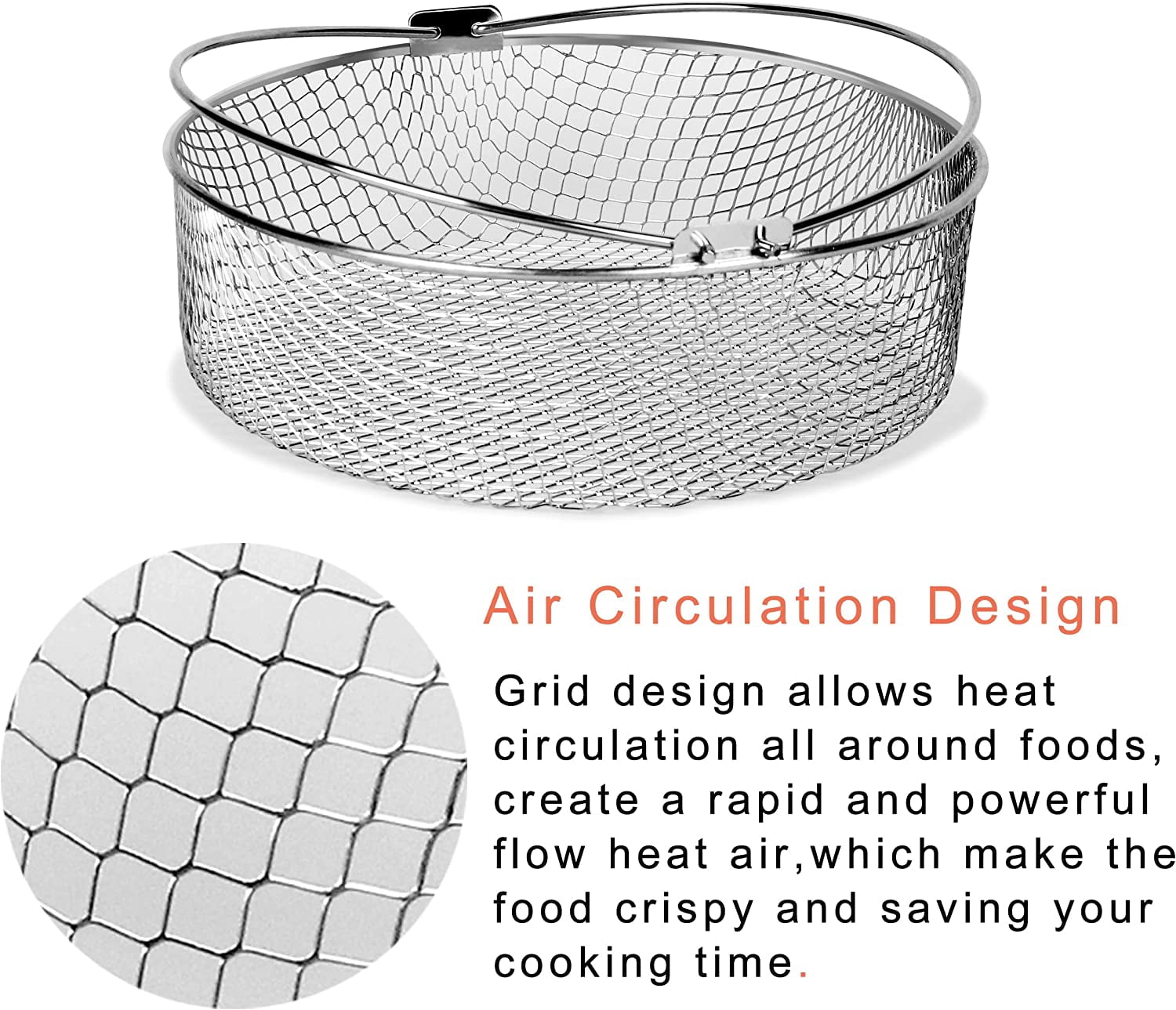 ABCISI 8 Inch Air Fryer Basket, Air Fryer Replacement Accessory for Instant Pot 6-8 QT, 304 Stainless Steel Mesh Basket with Handle for Air Fryer Oven Steamer (Round, 1 PACK)