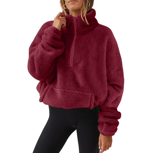Womens Sherpa Pullover Sweatshirt Half Zip Fleece Plus Velvet Padded Turtleneck Sweatshirt with Pockets Wine L