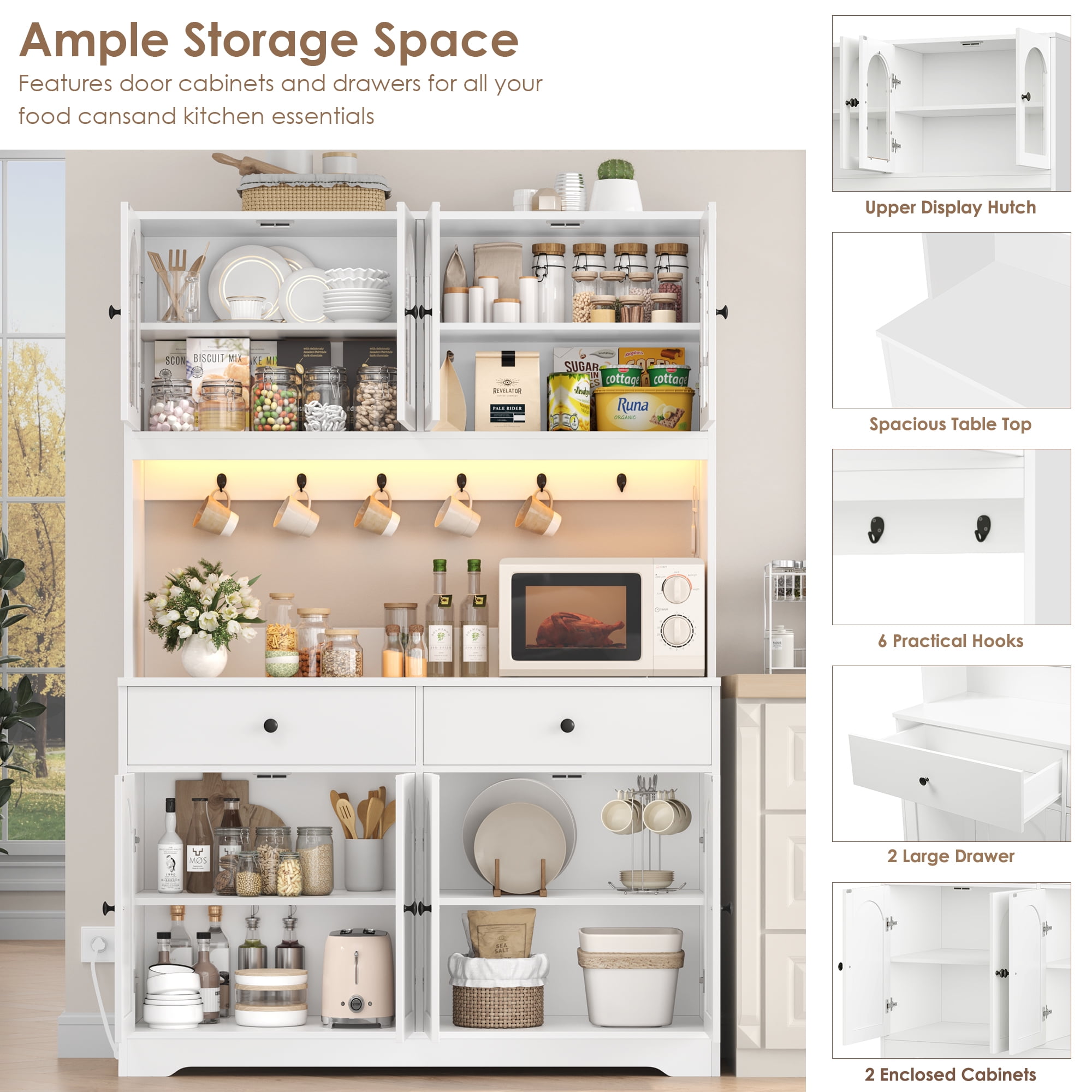 Homfa 71" Kitchen Pantry with LED Lights and Charging Station, Freestanding Kitchen Cupboard with Storage and Microwave Stand, Floor Cabinet for Dining Living Room, White