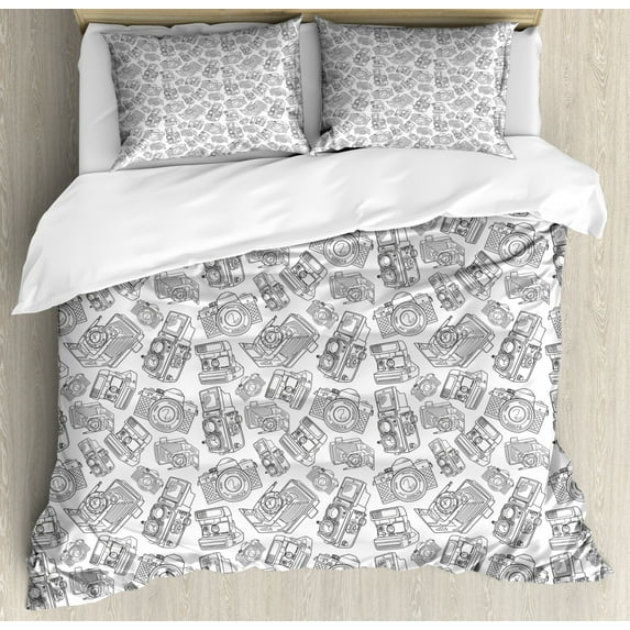 Vintage Duvet Cover Set King Size, Antique Old Camera Monochrome Design Photography Hobby Technology Theme, Decorative 3 Piece Bedding Set with 2 Pillow Shams, Charcoal Grey White, by Ambesonne