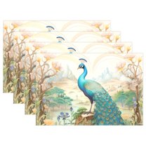 Beautiful Peacock 4 PCs Placemats Set Linen Non-Slip Table Mat Rectangular Washable for Dining Kitchen Party 12"x18"
