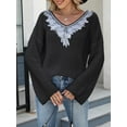 thumbnail image 5 of XPMWRP Women's Sequin Mesh Appliques V Neck Long Sleeve Sweaters Fall Trendy V Neck Knit Drop Shoulder Pullover Sweater Jumper Tops Black M, 5 of 7