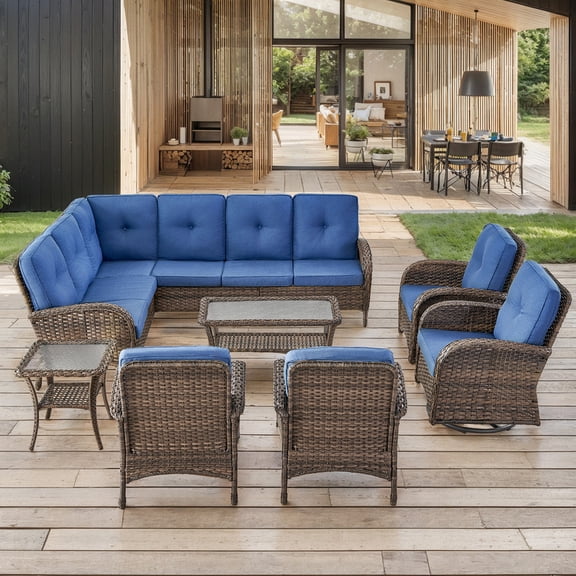 PARKWELL 8-Piece Outdoor Sectional Furniture Set,Patio Wicker L Shaped Couch High Back Conversation Set with Swivel Glider Armchair for Garden Yard,Brown Wicker Navy Cushion