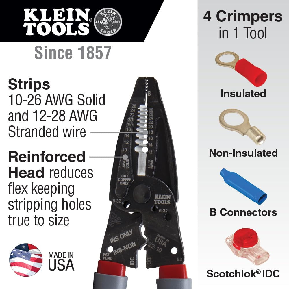 Klein Tools 1019 Klein Kurve Wire Stripper / Crimper / Cutter for B and IDC Connectors, Made in USA, Terminals, More C55
