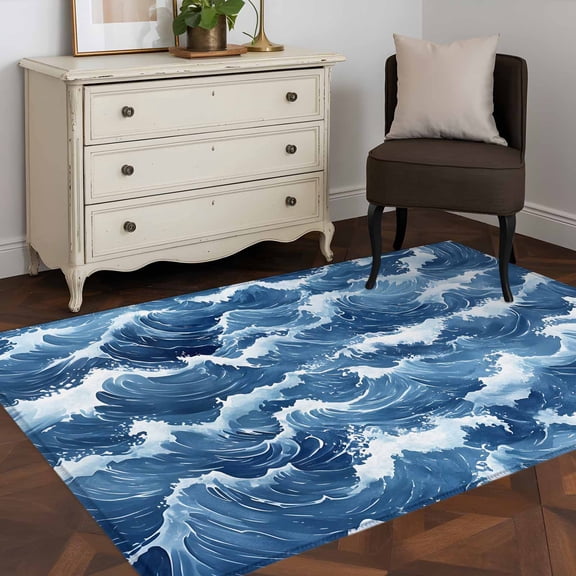 3'x5' Area Rugs, Ocean Waves Indoor Outdoor Area Rug for Living Room Bedroom, Summer Beach Coastal Nautical Watercolor Washable Bathroom Rugs Kitchen Floor Carpet Mats Home Decor Aesthetic