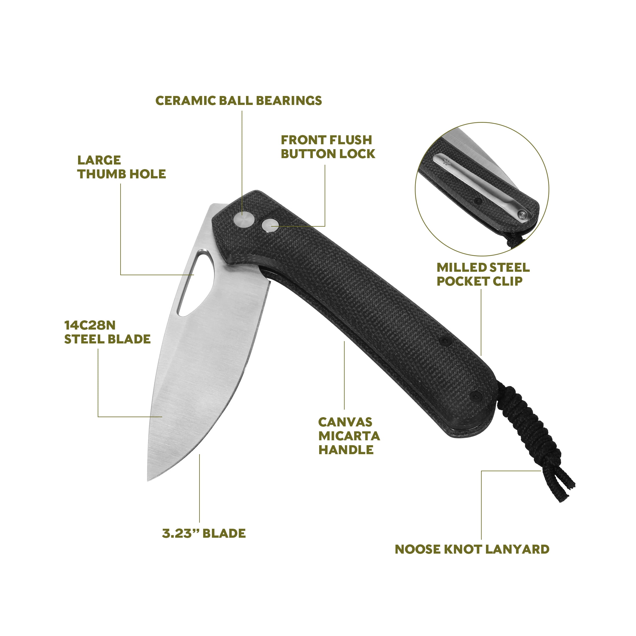 Swiss Tech Losung Premium Folding Knife, 14C28N Steel, Button Lock, Black Micarta